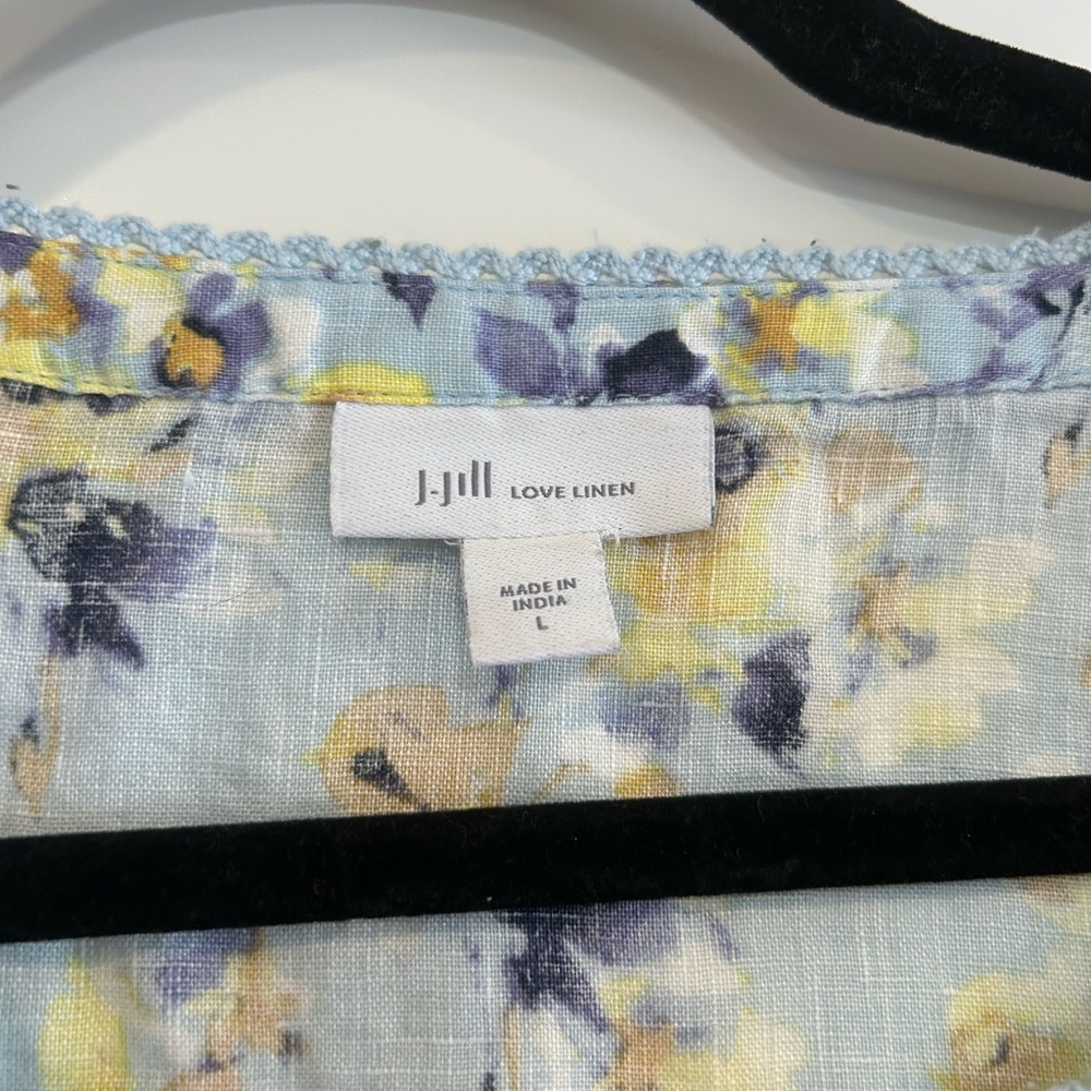 J. Jill love linen floral 100% linen blouse top Size L blue Yellow Roll Tab - Picture 4 of 11